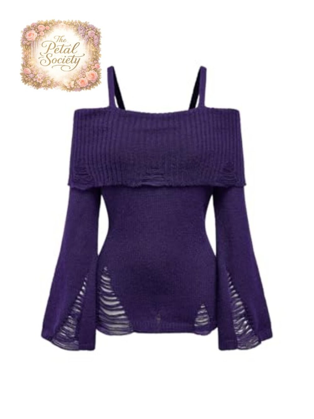 Women's Cold Shoulder Ripped Sweater Bell Sleeve Gothic Pullover